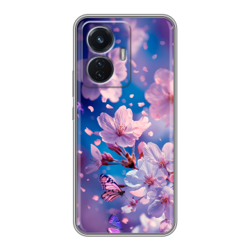 Силиконовый чехол на Vivo T1 с принтом цветы бабочки