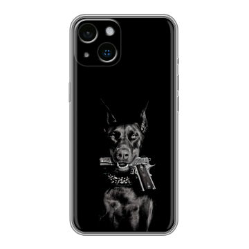Силиконовый чехол на Iphone 14 с принтом Доберман и пистолет Силиконовый чехол на Iphone 14 с принтом Доберман и пистолет
