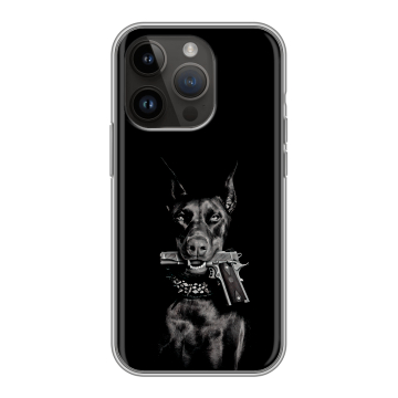 Силиконовый чехол на Iphone 14 Pro с принтом Доберман и пистолет