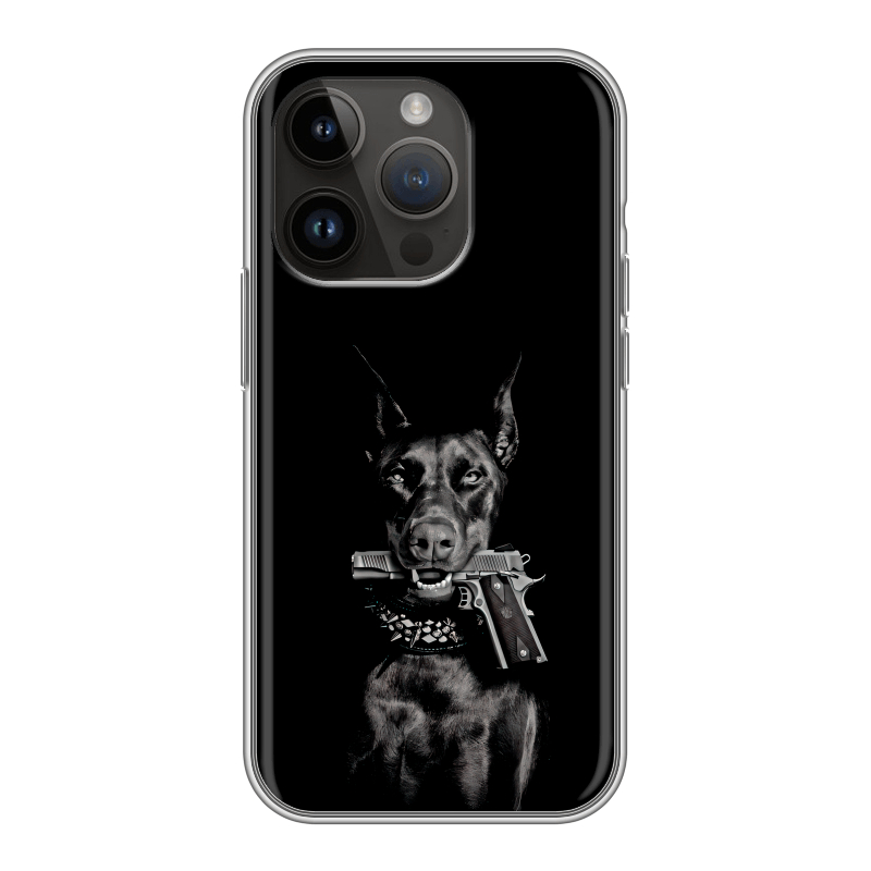 Силиконовый чехол на Iphone 14 Pro с принтом Доберман и пистолет Силиконовый чехол на Iphone 14 Pro с принтом Доберман и пистолет