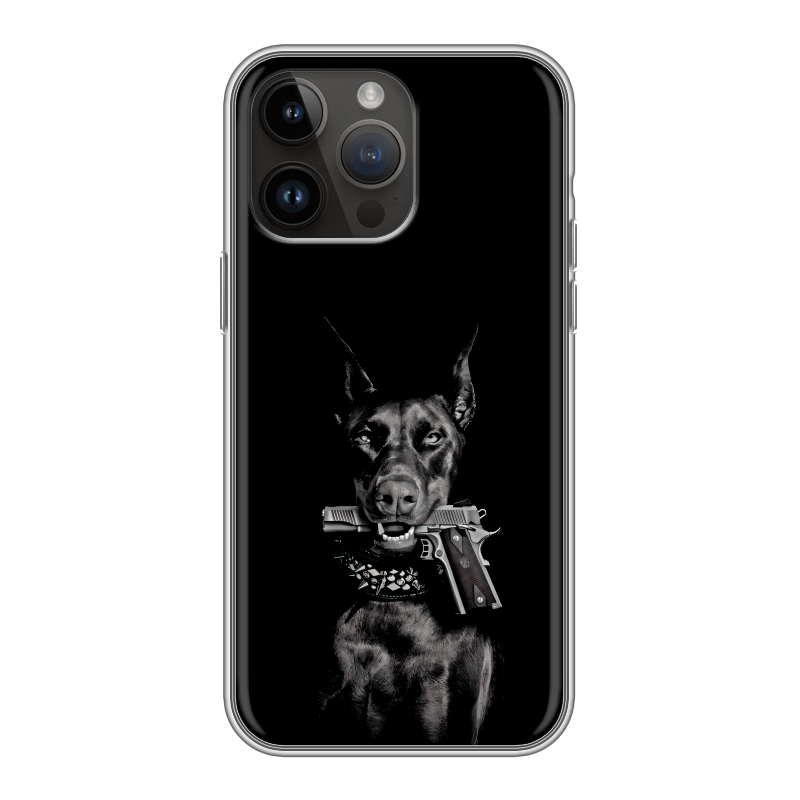 Силиконовый чехол на Iphone 14 Pro Max с принтом Доберман и пистолет Силиконовый чехол на Iphone 14 Pro Max с принтом Доберман и пистолет