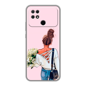 Силиконовый чехол на Xiaomi Poco C40 с принтом Девушка и букет Силиконовый чехол на Xiaomi Poco C40 с принтом Девушка и букет