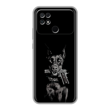 Силиконовый чехол на Xiaomi Poco C40 с принтом Доберман и пистолет Силиконовый чехол на Xiaomi Poco C40 с принтом Доберман и пистолет