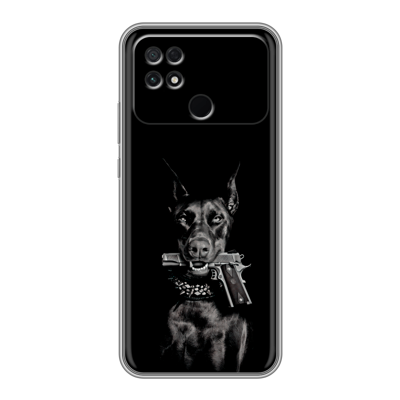 Силиконовый чехол на Xiaomi Poco C40 с принтом Доберман и пистолет Силиконовый чехол на Xiaomi Poco C40 с принтом Доберман и пистолет
