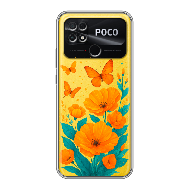 Силиконовый чехол на Xiaomi Poco C40 с принтом цветы бабочки Силиконовый чехол на Xiaomi Poco C40 с принтом цветы бабочки