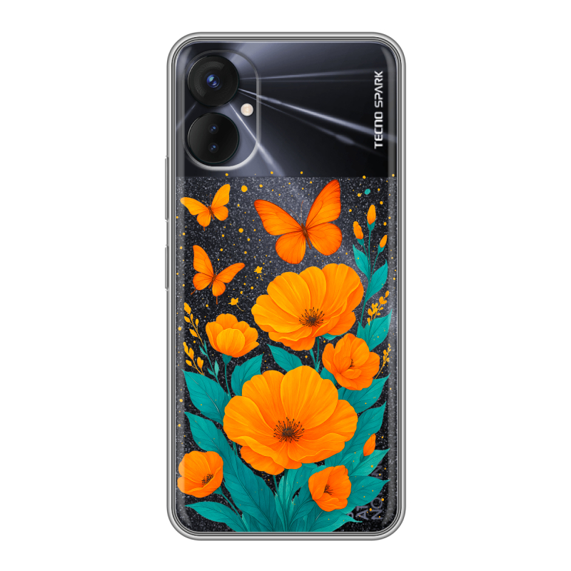 Силиконовый противоударный чехол на Tecno Spark 9 Pro с принтом цветы бабочки Силиконовый противоударный чехол на Tecno Spark 9 Pro с принтом цветы бабочки