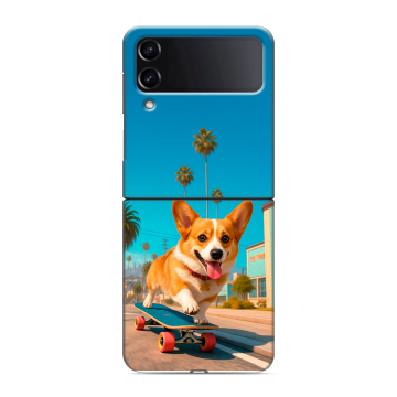 Пластиковый чехол на Samsung Galaxy Z Flip 4 с принтом Корги на скейте Пластиковый чехол на Samsung Galaxy Z Flip 4 с принтом Корги на скейте