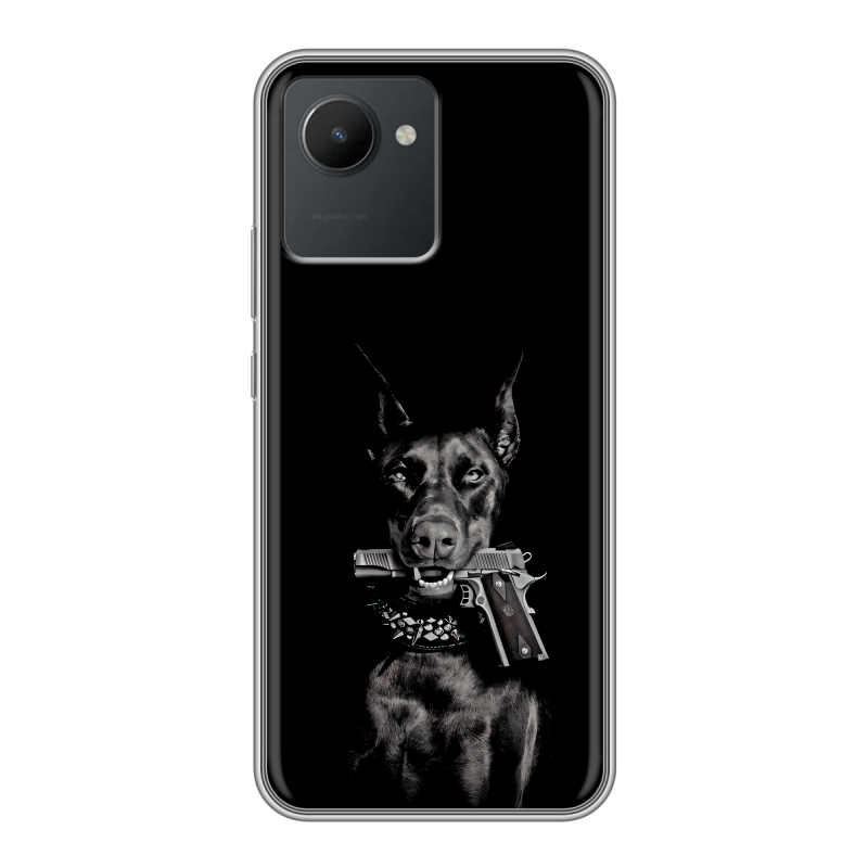 Силиконовый чехол на Realme C30 с принтом Доберман и пистолет Силиконовый чехол на Realme C30 с принтом Доберман и пистолет