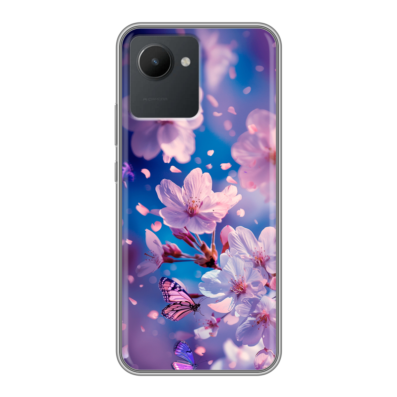 Силиконовый противоударный чехол на Realme C30 с принтом цветы бабочки Силиконовый противоударный чехол на Realme C30 с принтом цветы бабочки