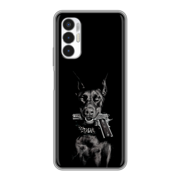 Силиконовый чехол на Tecno Pova 3 с принтом Доберман и пистолет Силиконовый чехол на Tecno Pova 3 с принтом Доберман и пистолет