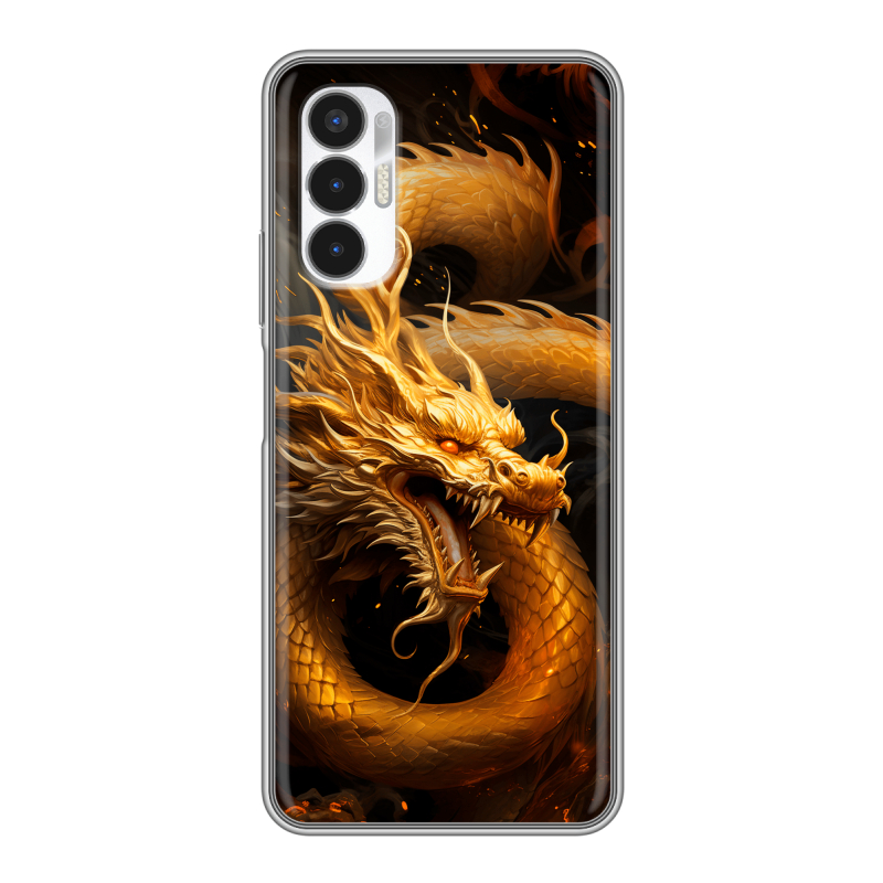 Силиконовый противоударный чехол на Tecno Pova 3 с принтом Золотой дракон Силиконовый противоударный чехол на Tecno Pova 3 с принтом Золотой дракон
