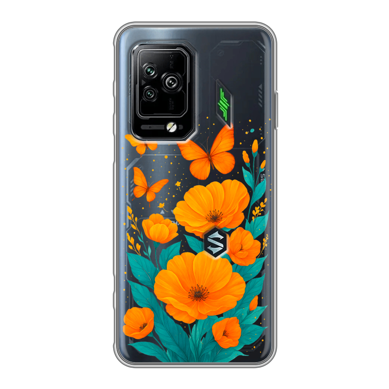 Силиконовый чехол на Xiaomi Black Shark 5 Pro с принтом цветы бабочки Силиконовый чехол на Xiaomi Black Shark 5 Pro с принтом цветы бабочки