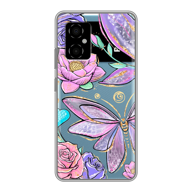 Силиконовый противоударный чехол на Xiaomi Poco M4 5G с принтом Бабочки и цветы Силиконовый противоударный чехол на Xiaomi Poco M4 5G с принтом Бабочки и цветы