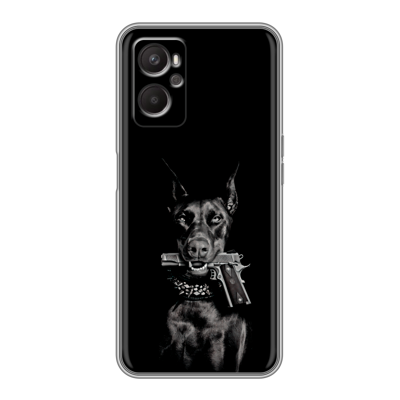 Силиконовый противоударный чехол на OPPO A96 с принтом Доберман и пистолет Силиконовый противоударный чехол на OPPO A96 с принтом Доберман и пистолет