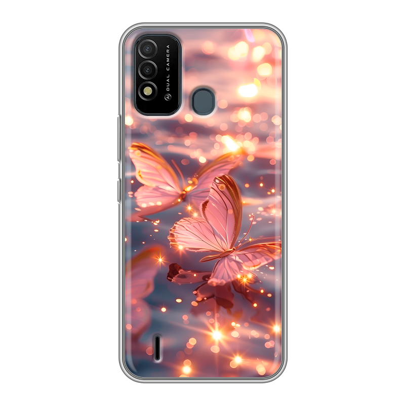 Силиконовый противоударный чехол на Itel Vision 2s с принтом бабочки розовые Силиконовый противоударный чехол на Itel Vision 2s с принтом бабочки розовые
