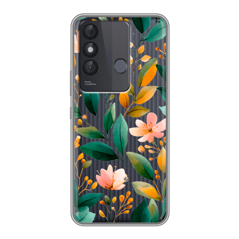 Силиконовый противоударный чехол на Itel Vision 3 Plus с принтом Цветы паттерн Силиконовый противоударный чехол на Itel Vision 3 Plus с принтом Цветы паттерн