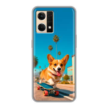 Силиконовый чехол на OPPO Reno7 с принтом Корги на скейте Силиконовый чехол на OPPO Reno7 с принтом Корги на скейте