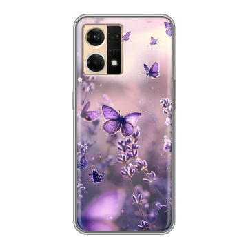 Силиконовый чехол на OPPO Reno7 с принтом бабочки и лаванда Силиконовый чехол на OPPO Reno7 с принтом бабочки и лаванда