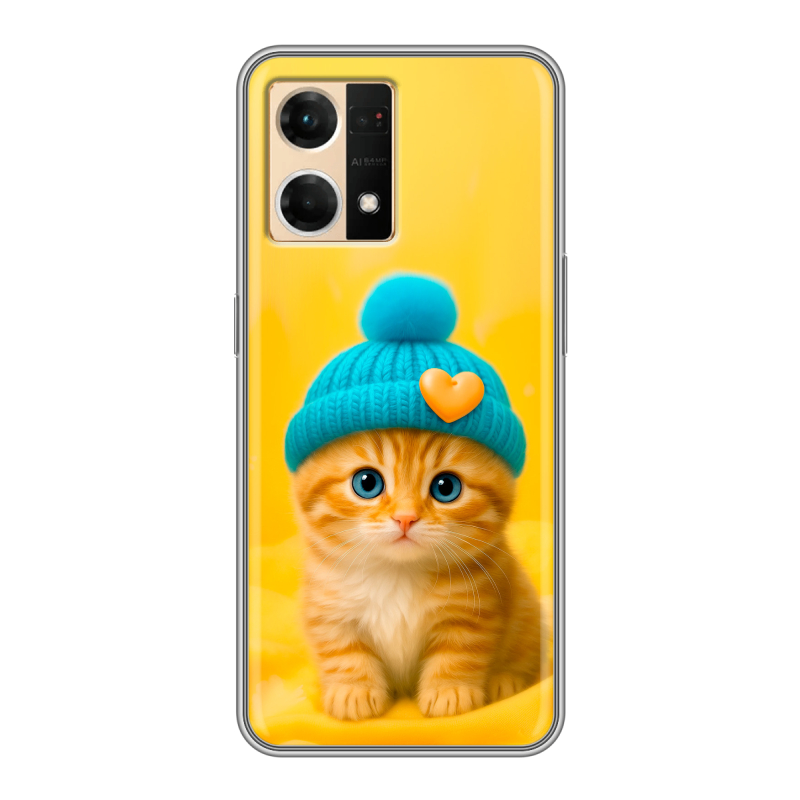 Силиконовый чехол на OPPO Reno7 с принтом Котенок в шапке Силиконовый чехол на OPPO Reno7 с принтом Котенок в шапке