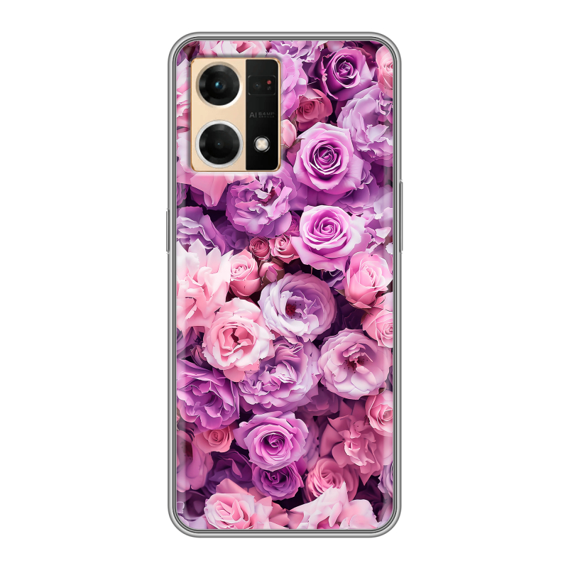 Силиконовый противоударный чехол на OPPO Reno7 с принтом лавандовые розы Силиконовый противоударный чехол на OPPO Reno7 с принтом лавандовые розы