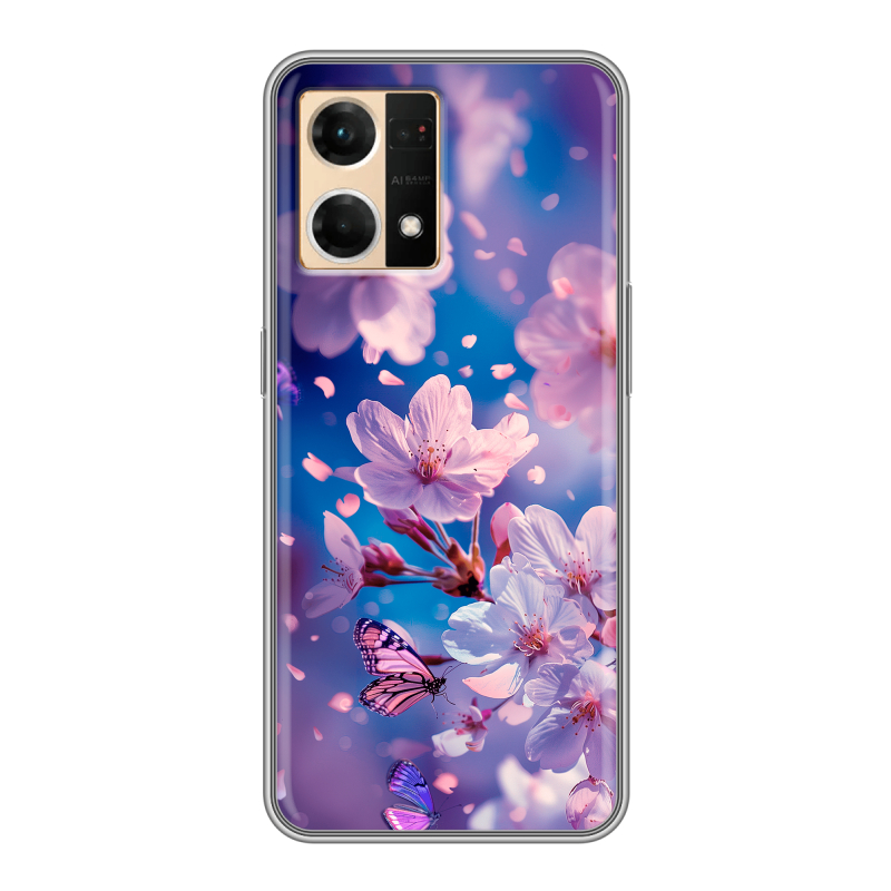 Силиконовый противоударный чехол на OPPO Reno7 с принтом цветы бабочки Силиконовый противоударный чехол на OPPO Reno7 с принтом цветы бабочки