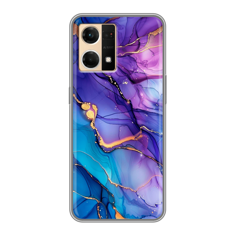 Силиконовый противоударный чехол на OPPO Reno7 с принтом синий мрамор Силиконовый противоударный чехол на OPPO Reno7 с принтом синий мрамор