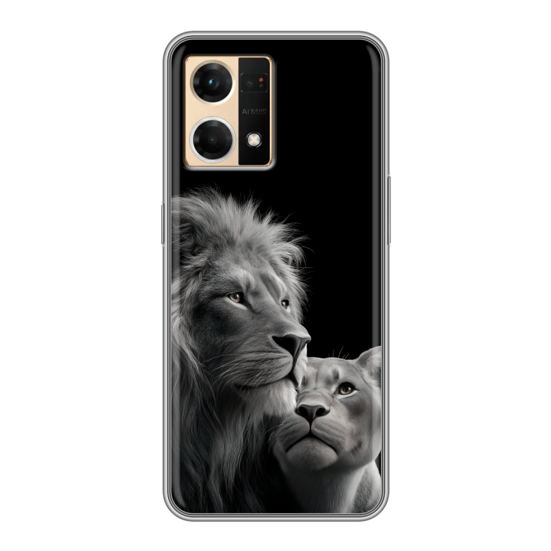 Силиконовый чехол на OPPO Reno7 с принтом Лев кошки Силиконовый чехол на OPPO Reno7 с принтом Лев кошки