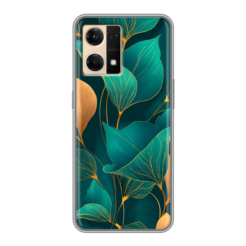 Силиконовый чехол на OPPO Reno7 с принтом Листья и золото Силиконовый чехол на OPPO Reno7 с принтом Листья и золото