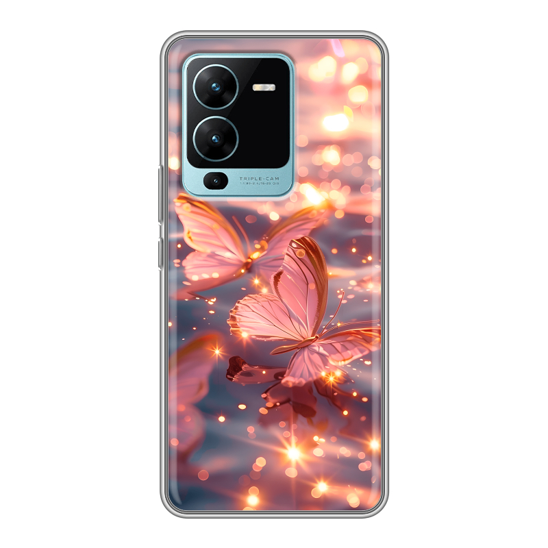 Силиконовый противоударный чехол на Vivo V25 Pro с принтом бабочки розовые Силиконовый противоударный чехол на Vivo V25 Pro с принтом бабочки розовые