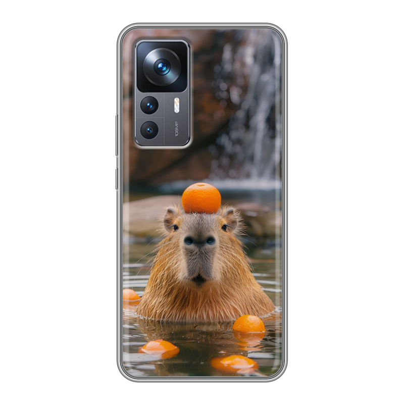 Силиконовый чехол на Xiaomi 12T с принтом Капибара с апельсином Силиконовый чехол на Xiaomi 12T с принтом Капибара с апельсином