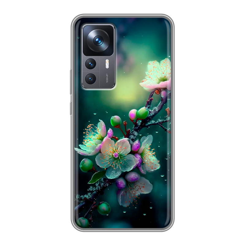 Силиконовый противоударный чехол на Xiaomi 12T с принтом Цветы и мрамор Силиконовый противоударный чехол на Xiaomi 12T с принтом Цветы и мрамор