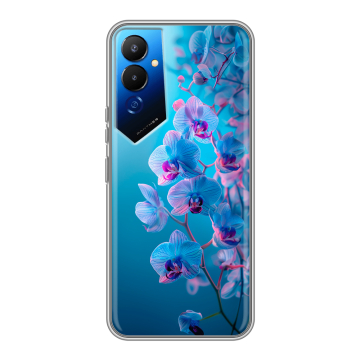 Силиконовый чехол на Tecno Pova 4 с принтом голубые орхидеи Силиконовый чехол на Tecno Pova 4 с принтом голубые орхидеи