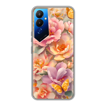 Силиконовый чехол на Tecno Pova 4 с принтом Цветы и бабочки Силиконовый чехол на Tecno Pova 4 с принтом Цветы и бабочки