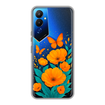 Силиконовый чехол на Tecno Pova 4 с принтом цветы бабочки Силиконовый чехол на Tecno Pova 4 с принтом цветы бабочки
