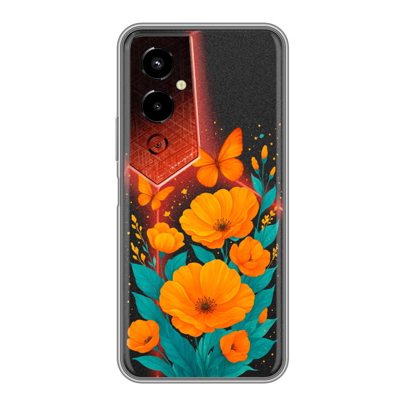 Силиконовый чехол на Tecno Pova 4 Pro с принтом цветы бабочки Силиконовый чехол на Tecno Pova 4 Pro с принтом цветы бабочки