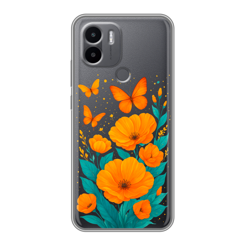 Силиконовый чехол на Xiaomi Redmi A1 Plus с принтом цветы бабочки Силиконовый чехол на Xiaomi Redmi A1 Plus с принтом цветы бабочки