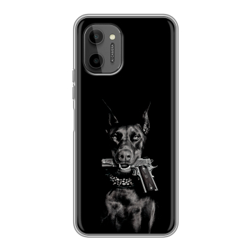 Силиконовый чехол на HTC Wildfire E Plus с принтом Доберман и пистолет