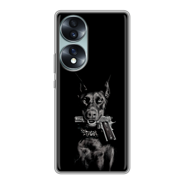 Силиконовый чехол на Huawei Honor 70 с принтом Доберман и пистолет Силиконовый чехол на Huawei Honor 70 с принтом Доберман и пистолет