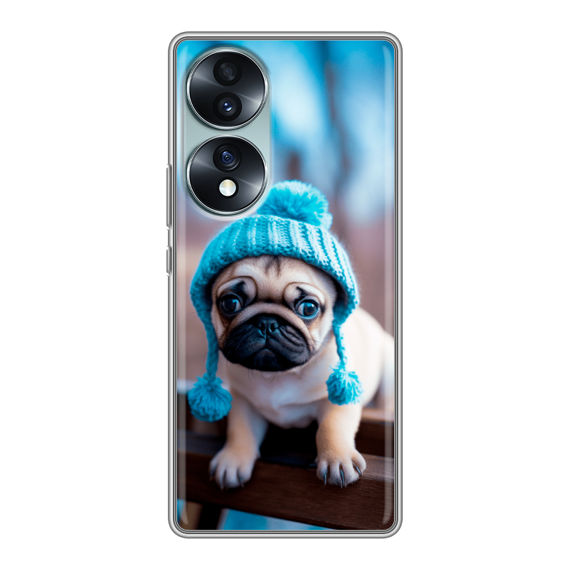 Силиконовый противоударный чехол на Huawei Honor 70 с принтом Мопс в шапке Силиконовый противоударный чехол на Huawei Honor 70 с принтом Мопс в шапке