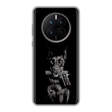 Силиконовый чехол на Huawei Mate 50 с принтом Доберман и пистолет Силиконовый чехол на Huawei Mate 50 с принтом Доберман и пистолет