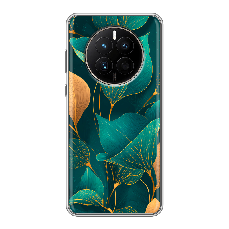Силиконовый противоударный чехол на Huawei Mate 50 с принтом Листья и золото Силиконовый противоударный чехол на Huawei Mate 50 с принтом Листья и золото