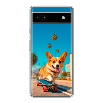 Силиконовый чехол на Google Pixel 6a с принтом Корги на скейте