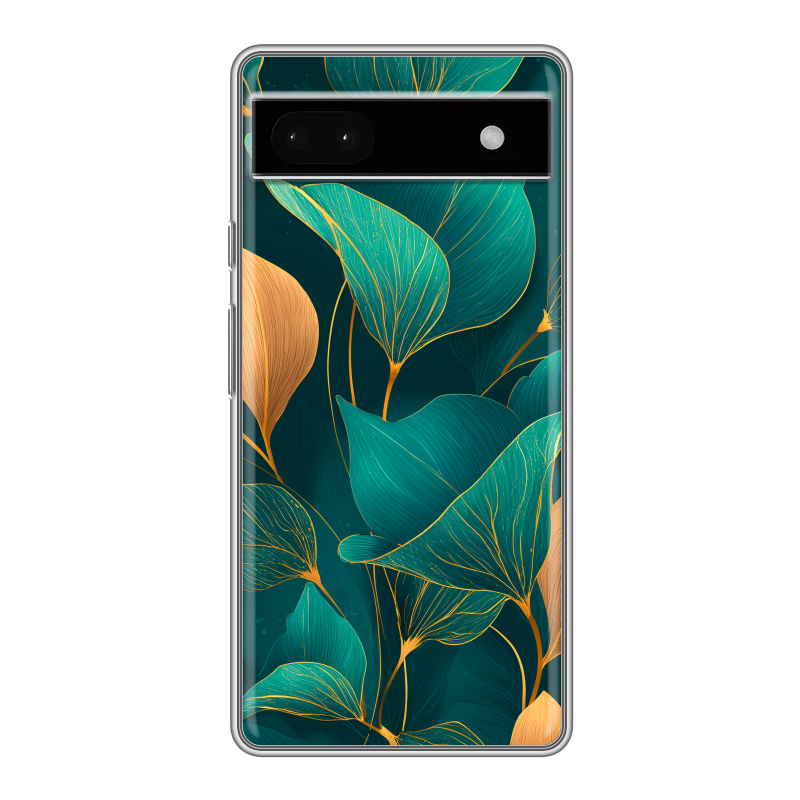 Силиконовый противоударный чехол на Google Pixel 6a с принтом Листья и золото Силиконовый противоударный чехол на Google Pixel 6a с принтом Листья и золото