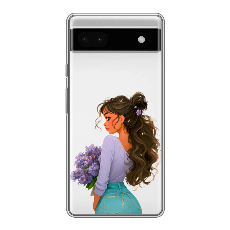 Силиконовый противоударный чехол на Google Pixel 6a с принтом девушка цветы Силиконовый противоударный чехол на Google Pixel 6a с принтом девушка цветы