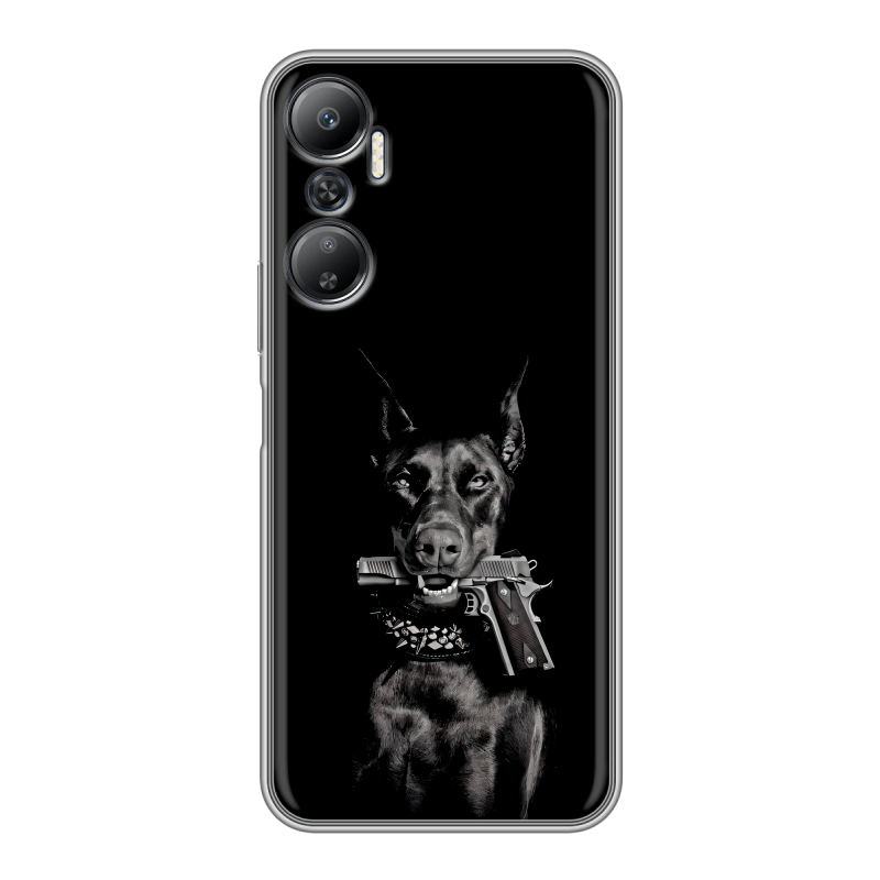 Силиконовый противоударный чехол на Infinix Hot 20 с принтом Доберман и пистолет Силиконовый противоударный чехол на Infinix Hot 20 с принтом Доберман и пистолет