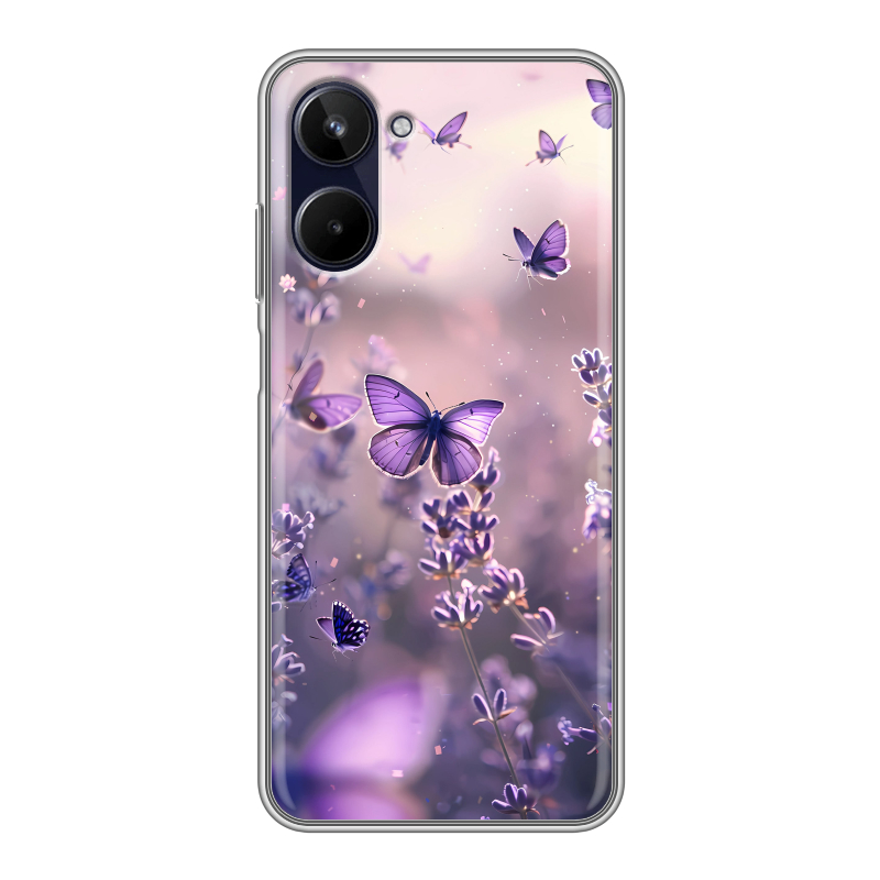 Силиконовый чехол на Realme 10 4G с принтом бабочки и лаванда Силиконовый чехол на Realme 10 4G с принтом бабочки и лаванда