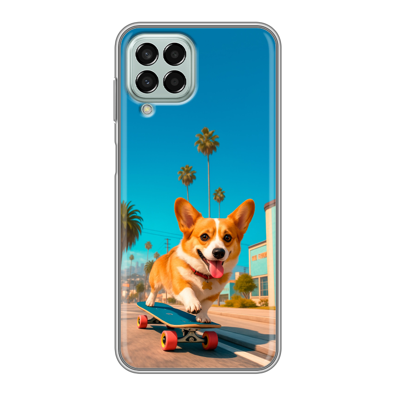 Силиконовый противоударный чехол на Samsung Galaxy M33 5G с принтом Корги на скейте Силиконовый противоударный чехол на Samsung Galaxy M33 5G с принтом Корги на скейте