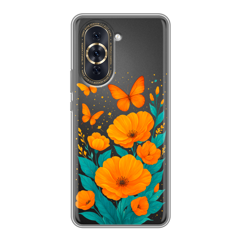 Силиконовый противоударный чехол на Huawei Nova 10 Pro с принтом цветы бабочки Силиконовый противоударный чехол на Huawei Nova 10 Pro с принтом цветы бабочки