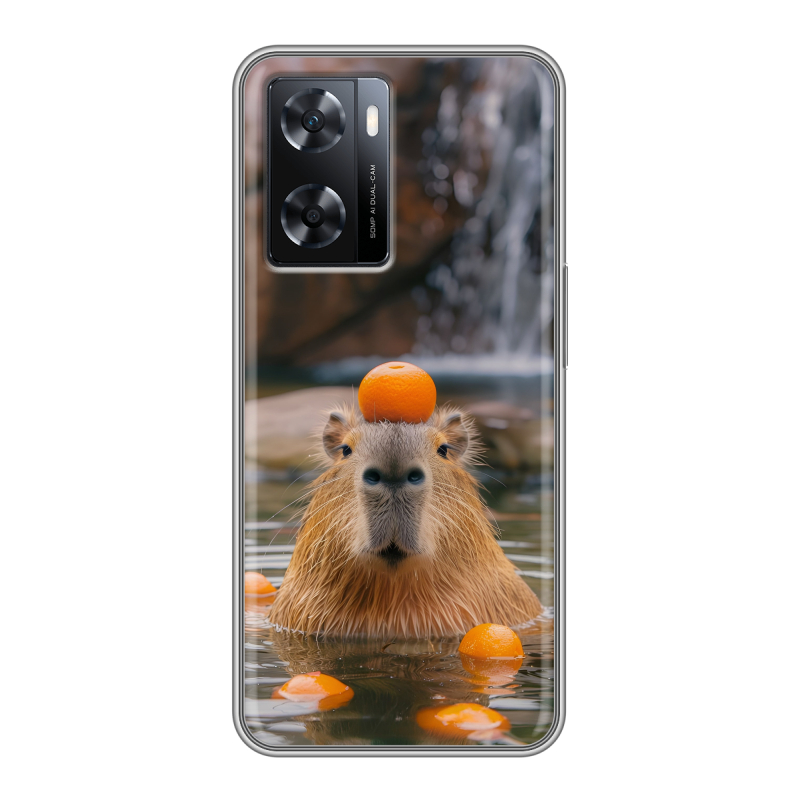 Силиконовый противоударный чехол на OPPO A57s с принтом Капибара с апельсином Силиконовый противоударный чехол на OPPO A57s с принтом Капибара с апельсином