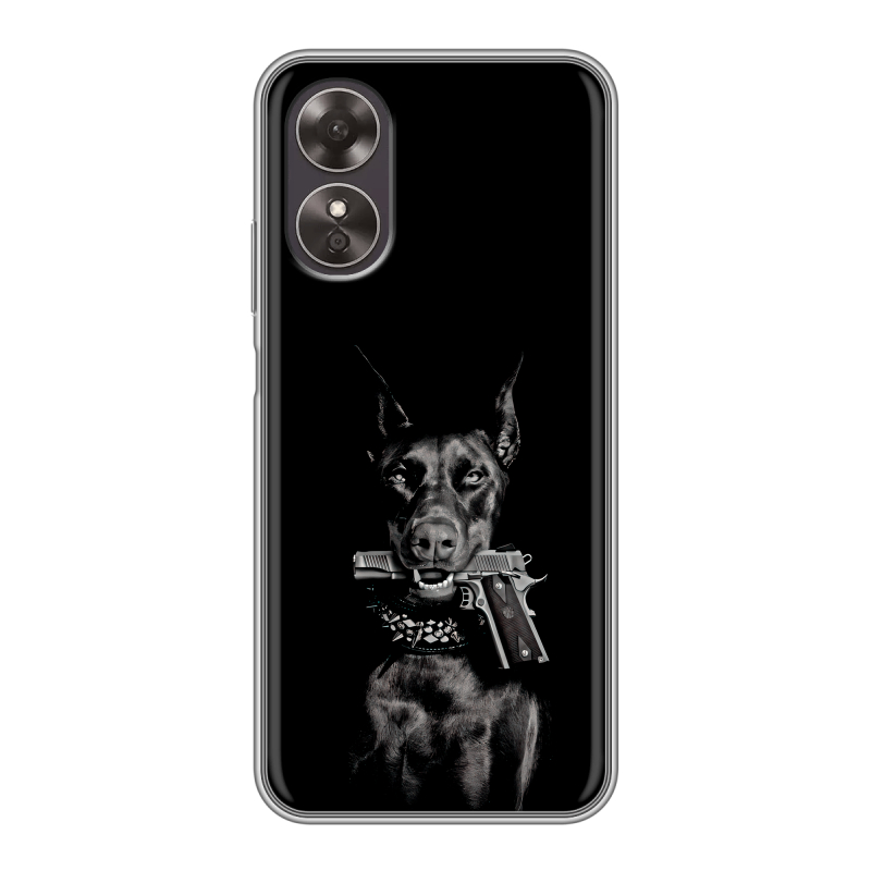 Силиконовый чехол на OPPO A17 с принтом Доберман и пистолет Силиконовый чехол на OPPO A17 с принтом Доберман и пистолет